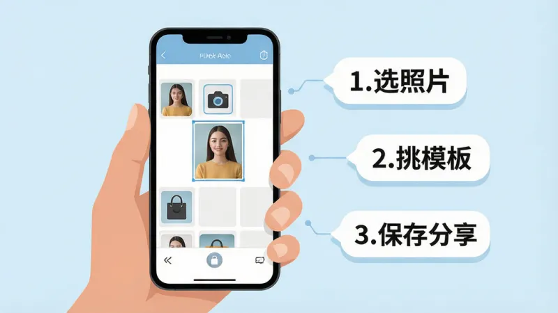 一张展示AI模特换装新手操作步骤的生图，画面主体是一只手拿着手机，手机屏幕上显示着从相册选择照片的界面，屏幕旁边有三个悬浮的步骤标签，分别是“1.选照片”、“2.挑模板”、“3.保存分享”，布局为手机在中央，步骤标签环绕在右侧，风格为扁平化插画，细节上手指有自然的肤色，界面图标清晰，画质为高清，干净，无多余元素。