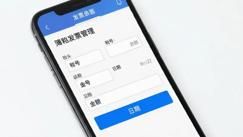 簿发票管理 录入界面 手机屏幕展示 发票信息表单 包含抬头 税号 金额 日期输入框 蓝色高亮按钮 扁平化风格 干净背景 高清画质