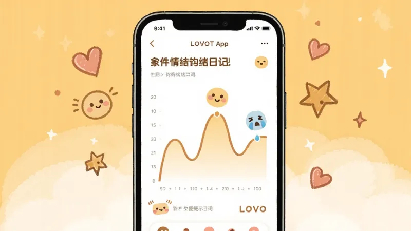 生图提示词:画面主体是一个手机屏幕,屏幕上显示着LOVOT App的情绪日记页面,有曲线图和可爱的表情图标。布局为手机居中,周围有一些手绘风格的爱心和星星点缀。排版温馨,风格手账风,细节上曲线图有起伏,表情图标有笑脸和哭脸。画质高清,干净无多余元素,背景为暖黄色。