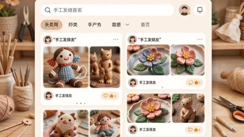 手工发烧友 App 整体界面展示,主体是一个温馨的手工制作社区首页,布局上顶部是搜索栏和分类标签,中间是用户发布的手工作品信息流,有编织玩偶、木雕小件、黏土花朵等图片卡片,排版采用双列瀑布流,风格温暖治愈系,细节上每个卡片有作者头像和点赞按钮,画质清晰,干净,无多余元素,图片中文字加引号“手工发烧友