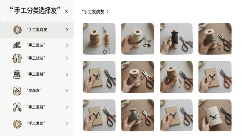 手工发烧友分类浏览界面,主体是一个手工分类选择页面,布局上左侧是竖排分类列表,右侧是当前分类下的作品缩略图网格,排版清晰,风格简约清新,细节上每个分类图标是手绘风格的小图案,画质干净,无多余元素,图片中文字加引号“手工发烧友