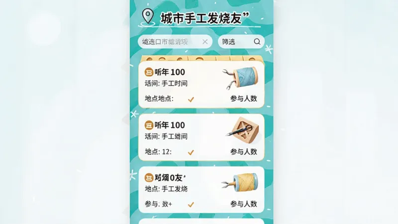 手工发烧友同城活动页面,主体是一个线下手工活动列表界面,布局上顶部是城市定位和筛选栏,下方是活动卡片列表,排版单列纵向,风格活泼明快,细节上每个卡片有活动时间、地点和参与人数,画质干净,无多余元素,图片中文字加引号“手工发烧友