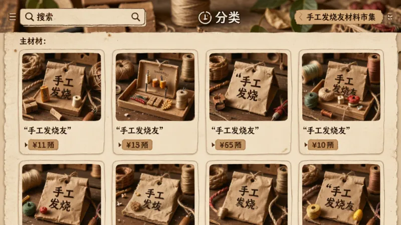 手工发烧友材料市集界面,主体是一个手工材料交易页面,布局上顶部是搜索和分类,下方是商品卡片网格,排版双列,风格温馨复古,细节上每个商品有实物图和价格标签,画质清晰,无多余元素,图片中文字加引号“手工发烧友