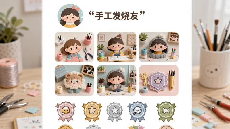 手工发烧友个人主页成就展示,主体是用户个人中心页面,布局上顶部是头像和昵称,中间是作品九宫格,下方是徽章墙,排版层次分明,风格清新可爱,细节上徽章有不同颜色和图案,画质干净,无多余元素,图片中文字加引号“手工发烧友