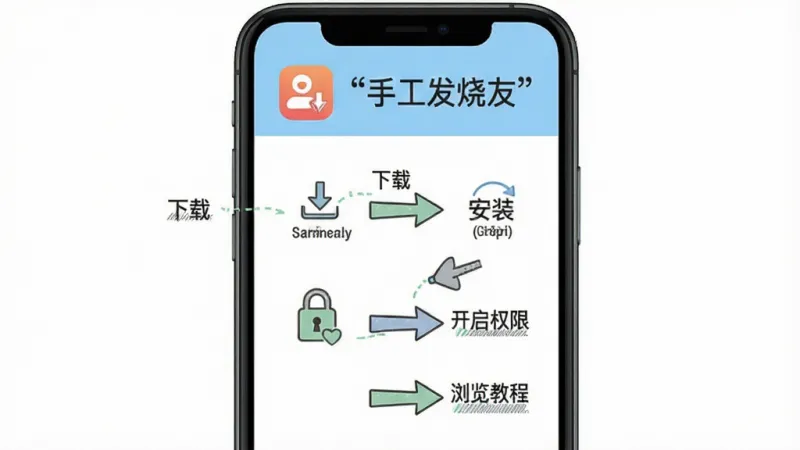 手工发烧友新手使用指南示意图,主体是一个手机屏幕截图风格的界面,布局上顶部是App图标和名称,中间是操作步骤箭头标注,风格简洁明了,细节上标注了“下载”“安装”“开启权限”“浏览教程”等文字,画质干净,无多余元素,图片中文字加引号“手工发烧友