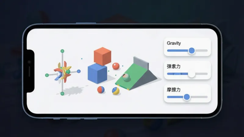 一张展示grg物理沙盒软件核心全貌的图片，主体是一个手机屏幕，屏幕中央显示着软件界面，界面里有简单的几何形状如方块、小球和斜坡，旁边有重力、弹力、摩擦力等参数调节滑块，布局简洁，排版清晰，风格是科技感与休闲感结合的扁平化设计，细节上有轻微的阴影和圆角，画质干净无多余元素，背景为深色渐变，突出物理模拟的趣味性