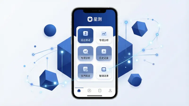 一张展示“星测”软件核心全貌的图片，画面中央是一部智能手机，手机屏幕上显示着“星测”App的主界面，界面以深蓝和白色为主色调，顶部有“星测”的Logo和名称，中间区域分布着几个功能入口图标，如“综合测试”“专项分析”“历史记录”等，图标设计简洁圆润，底部是导航栏，整体布局干净清爽，手机周围环绕着一些抽象的几何图形和光点，代表数据流动和智能分析，风格现代科技感，细节清晰，画质干净无多余元素