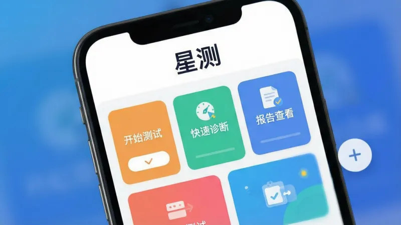 一张展示“星测”App主界面的图片，画面主体是手机屏幕特写，屏幕内容为“星测”的首页，顶部是“星测”文字Logo，下方整齐排列着多个彩色功能卡片，卡片上写着“开始测试”“快速诊断”“报告查看”等字样，界面右侧有一个悬浮的“+”号按钮，背景是模糊的渐变蓝色，突出屏幕的清晰度和UI的扁平化设计，风格简洁明快，画质干净
