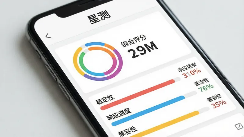 一张展示“星测”App测试报告页面的图片，画面主体是手机屏幕，屏幕上显示着一份测试结果报告，报告顶部有“星测”字样，中间是一个彩色的环形进度图，旁边标注着“综合评分”和具体数值，下方用不同颜色的横向条形图展示“稳定性”“响应速度”“兼容性”等维度的得分，每个条形图旁边配有简短的文字说明，界面排版清晰，风格现代扁平，画质干净无多余元素