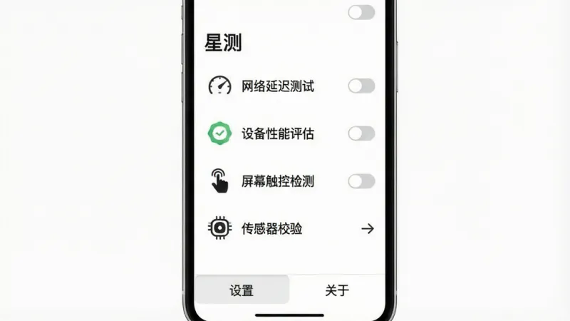 一张展示“星测”App功能列表的图片，画面主体是手机屏幕，屏幕上以列表形式排列着“星测”的各项功能，包括“网络延迟测试”“设备性能评估”“屏幕触控检测”“传感器校验”等，每个功能左侧有对应的简约图标，右侧有开关或箭头，界面底部有“设置”和“关于”两个选项卡，整体背景为纯白色，文字清晰，风格极简，画质干净