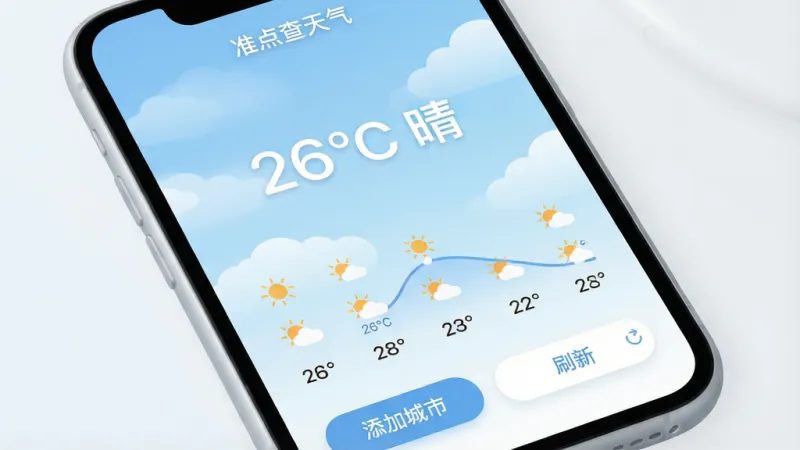 一张手机屏幕特写，屏幕上显示着「准点查天气」APP的主界面，界面设计简洁清新，背景是淡淡的蓝天白云渐变，正中间用大号字体显示着「26°C 晴」，下方排列着未来六天的天气小图标和温度曲线，底部有「添加城市」和「刷新」按钮。画面风格现代扁平化，色彩柔和明亮，手机边框圆润，画质清晰干净，无多余元素。