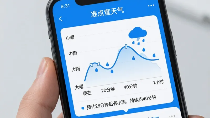 手机界面展示「准点查天气」的分钟级降水预报功能，屏幕中央是一条波浪形的降水曲线图，横轴标注时间「现在、20分钟、40分钟、1小时」，纵轴标注「小雨、中雨、大雨」，曲线下方有文字提示「预计28分钟后有小雨，持续约40分钟」，界面配色以蓝色和白色为主，图表线条清晰，背景干净简洁，画质细腻无噪点。