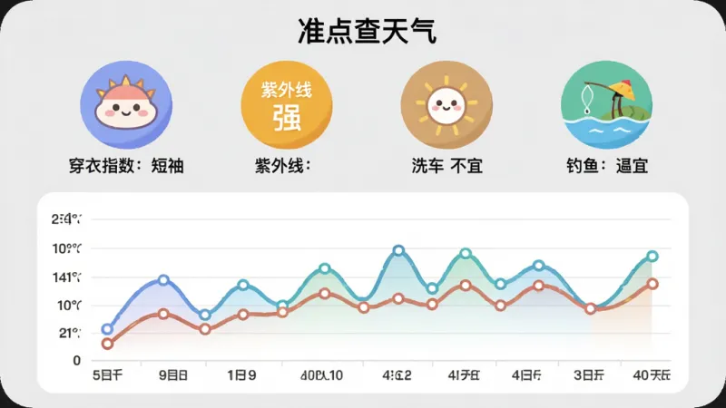 展示「准点查天气」的生活指数页面，屏幕上半部分是一排彩色圆形图标，分别标注「穿衣指数：短袖」「紫外线：强」「洗车：不宜」「钓鱼：适宜」，下半部分是40天天气趋势折线图，横轴是日期，纵轴是温度，线条有起伏变化，界面风格活泼明快，图标设计圆润可爱，背景为浅灰色，画质干净无杂乱元素。