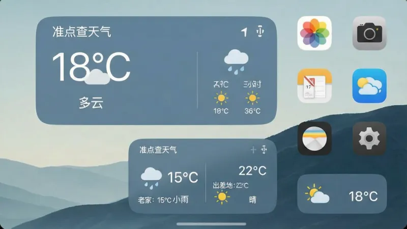 一张手机桌面截图，桌面上放置了三个不同尺寸的「准点查天气」小组件，最大的显示当前温度「18°C 多云」和未来三小时预报，中等尺寸显示「老家：15°C 小雨」和「出差地：22°C 晴」，最小尺寸只显示一个天气图标和温度数字，桌面壁纸是简约的风景图，图标排列整齐，整体视觉效果清爽舒适，画质高无锯齿。