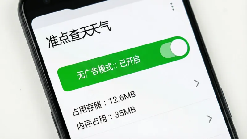 一部安卓手机屏幕显示「准点查天气」的设置页面，页面中有一个醒目的绿色开关按钮显示「无广告模式：已开启」，下方列表显示「占用存储：12.6MB」「内存占用：35MB」，背景为纯白色，文字清晰锐利，界面布局极简，无任何广告横幅或推广链接，画质干净利落。