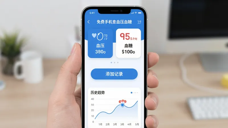 手机屏幕展示“免费手机查血压血糖”应用主界面,以蓝白配色为主,顶部显示血压和血糖数据卡片,中间是添加记录按钮,底部有历史趋势图表,整体布局清晰简洁,风格现代扁平,细节圆润,画质干净无多余元素。