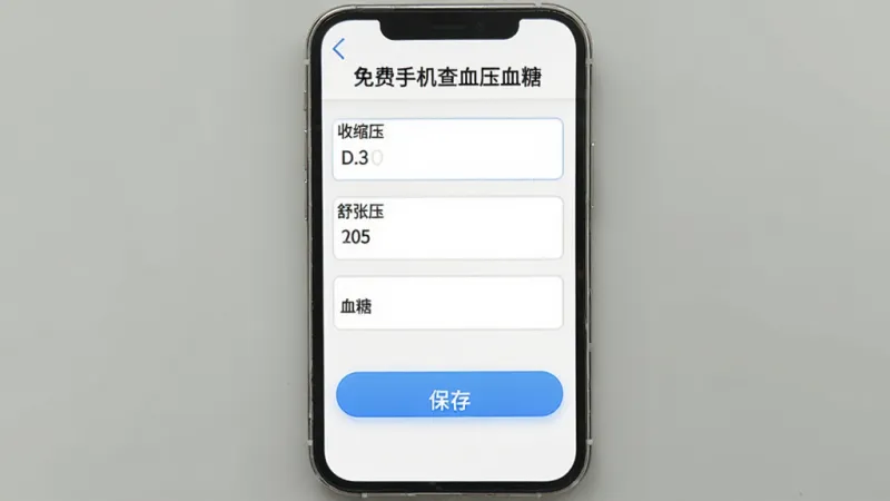 手机应用“免费手机查血压血糖”的记录页面,画面中央是三个输入框分别标注“收缩压”“舒张压”“血糖”,下方有一个醒目的蓝色“保存”按钮,背景干净,文字清晰,风格简约,画质干净无多余元素。