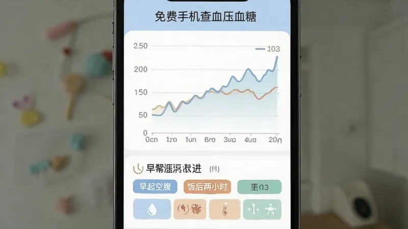 手机应用“免费手机查血压血糖”的统计页面,屏幕上半部分显示折线图,横轴是日期纵轴是数值,下半部分有“早起空腹”“饭后两小时”等标签按钮,整体配色柔和,图表线条清晰,风格清爽,画质干净无多余元素。