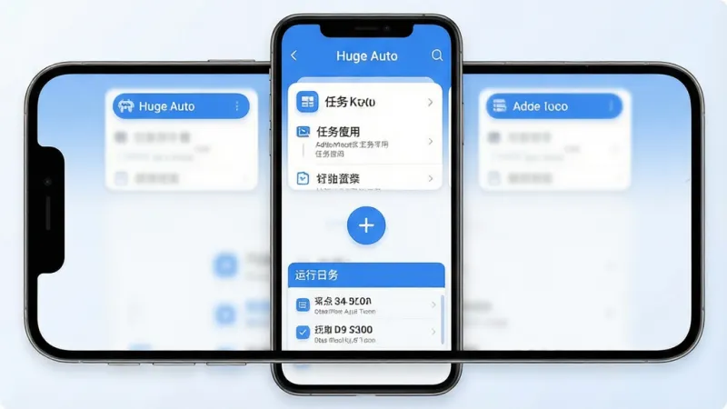 一张展示手机自动化工具核心界面的图片,画面中央是