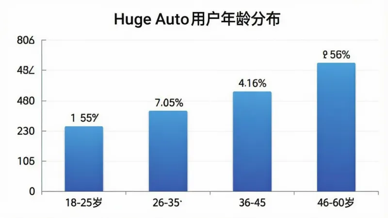 一张柱状图展示Huge Auto用户年龄分布的图片,横轴为年龄段18-25岁、26-35岁、36-45岁、46-60岁,纵轴为用户人数占比,柱状图颜色为渐变的蓝色,图表上方有标题