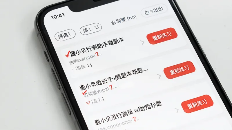一张展示鹿小贝行测助手错题本界面的图片,画面中手机屏幕显示错题列表,每道题旁边有红色标记和“重新练习”按钮,顶部有筛选和导出选项,背景为白色,文字清晰,布局简洁,风格干净利落,画质清晰无多余元素