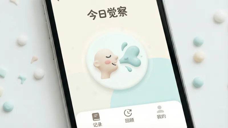 手机屏幕中央显示“悟到”应用的主界面，整体采用柔和的米白与淡青色调，顶部有“今日觉察”字样，中间是一个圆润的呼吸引导动画，底部为“记录”“回顾”“我的”三个极简图标，背景干净无广告，画面风格清新治愈，细节圆润，画质干净，无多余元素