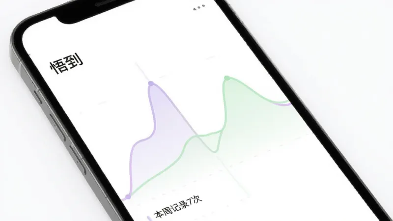 “悟到”应用的数据回顾界面，屏幕上显示一条柔和的情绪波动曲线，用淡紫色和浅绿色区分不同状态，下方有“本周记录7次”的小字，整体布局留白充足，风格现代扁平，画质干净，无多余元素
