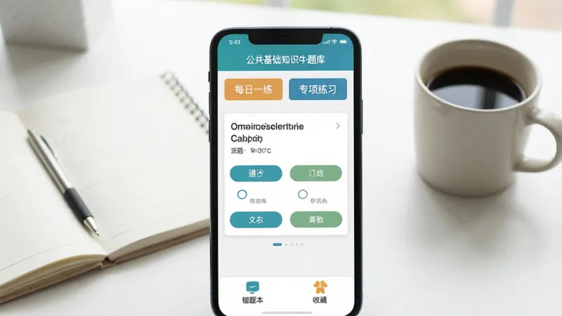 一张展示公共基础知识牛题库软件主界面的图片，画面中心是一台智能手机，屏幕显示公共基础知识牛题库的刷题界面，上方有每日一练和专项练习入口，中间是题目卡片和四个选项按钮，底部有错题本和收藏夹图标，背景是干净的书桌场景，旁边放着笔记本和咖啡杯，风格清新简约，光线明亮柔和，画质清晰，无多余元素。