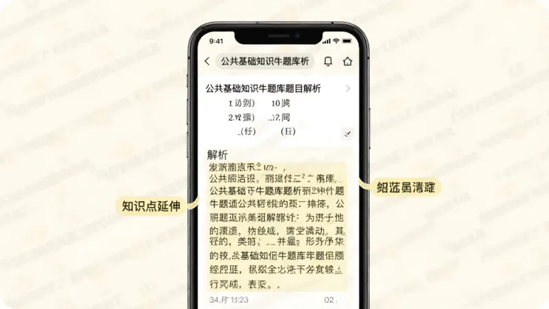 一张展示公共基础知识牛题库题目解析页面的图片，画面中心是手机屏幕，屏幕内显示一道选择题和下方的详细文字解析，解析部分用浅黄色背景高亮，旁边有知识点延伸的小标签，背景是柔和的米白色，风格简洁清晰，排版舒适，画质干净，无多余元素。