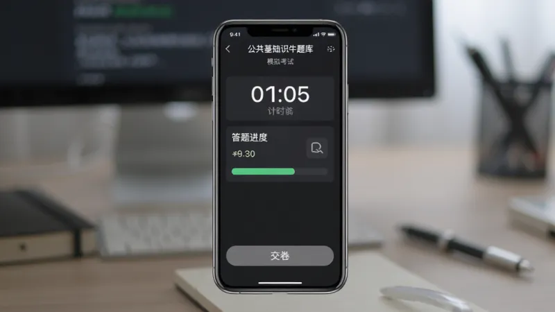 一张展示公共基础知识牛题库模拟考试界面的图片，画面中心是手机屏幕，屏幕内显示考试计时器和答题卡进度条，下方有交卷按钮，背景是深色模式下的界面，风格沉稳专注，细节清晰，画质干净，无多余元素。