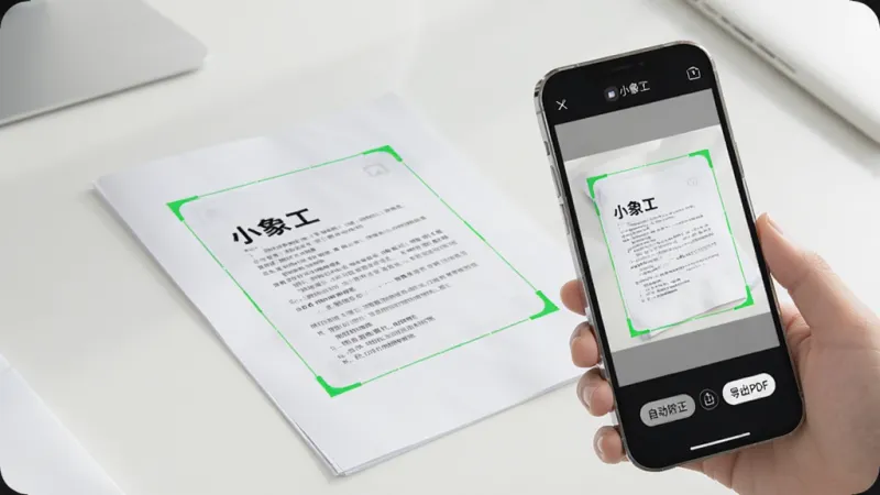 画面展示一个办公桌面，桌面上放着一份纸质文件，一部手机正对着文件拍摄，手机屏幕上显示“小象工”的扫描界面，界面中纸质文件的边缘被绿色的框线自动捕捉，屏幕下方有“自动矫正”和“导出PDF”的按钮。画面风格是明亮简洁的产品展示风，背景干净，画质清晰，无杂乱物品。