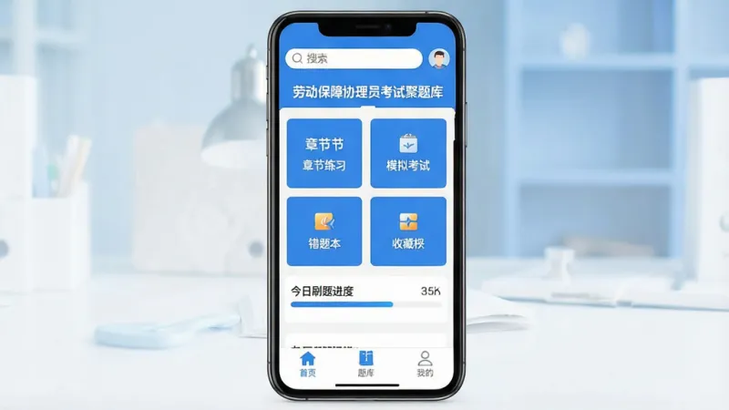 一张手机应用界面展示图,画面中央是一部智能手机,手机屏幕上显示着“劳动保障协理员考试聚题库”的应用主界面,界面顶部有搜索框和用户头像,中间是章节练习、模拟考试、错题本、收藏夹四个功能卡片,卡片下方有今日刷题进度条,底部是首页、题库、我的三个导航标签,整体配色以蓝色和白色为主,风格简洁清爽,画质干净,无多余元素