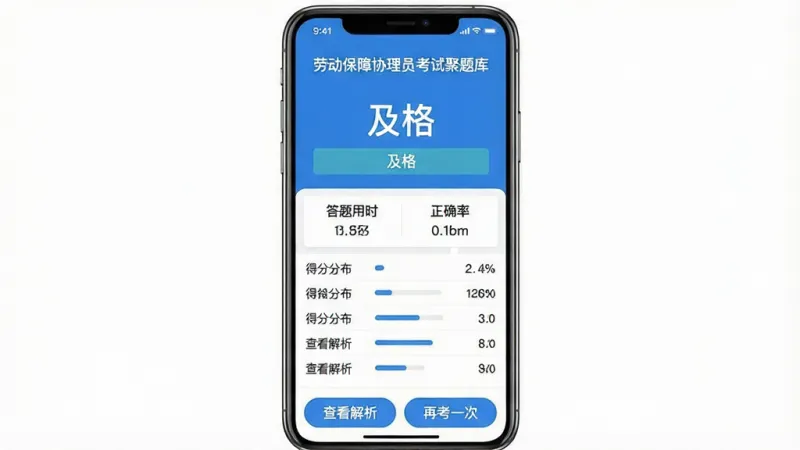一张手机屏幕截图展示图,画面中手机屏幕上显示着“劳动保障协理员考试聚题库”的模拟考试结果页面,屏幕上方显示着醒目的分数数字和“及格”字样,中间是答题用时和正确率统计,下方是各题型的得分分布列表,底部有查看解析和再考一次两个按钮,整体配色以蓝色和白色为主,风格现代扁平,文字标签明确,画质干净,无多余元素