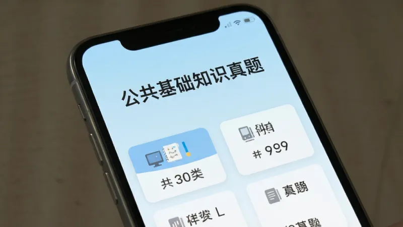 公共基础知识真题APP主界面截图,展示手机屏幕中央有公共基础知识真题的标题,下方是各科目分类按钮,背景为淡蓝色渐变,风格简洁扁平,文字清晰,画质干净无多余元素