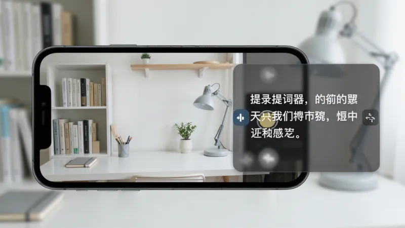 录制提词器悬浮窗功能展示图，一部手机横屏显示相机拍摄画面，屏幕右侧悬浮着一个半透明的提词器窗口，窗口内显示清晰的白色中文台词，窗口边缘有拖动和缩放的控制图标，背景是简洁的居家书房环境，风格清爽直观，画质干净，无多余元素