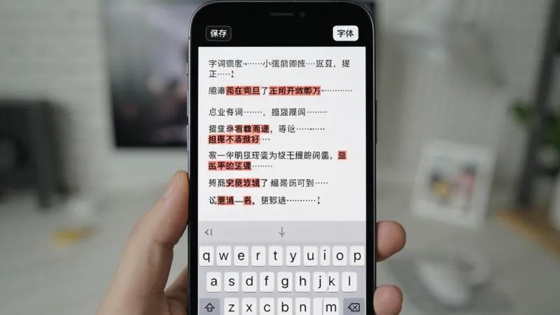 录制提词器台词编辑界面图，手机屏幕显示一个文本编辑区域，里面是分段的中文台词，部分文字被标注为红色加粗，屏幕顶部有保存和字体设置按钮，底部有键盘输入法，整体界面清爽，风格简约现代，画质干净，无多余元素