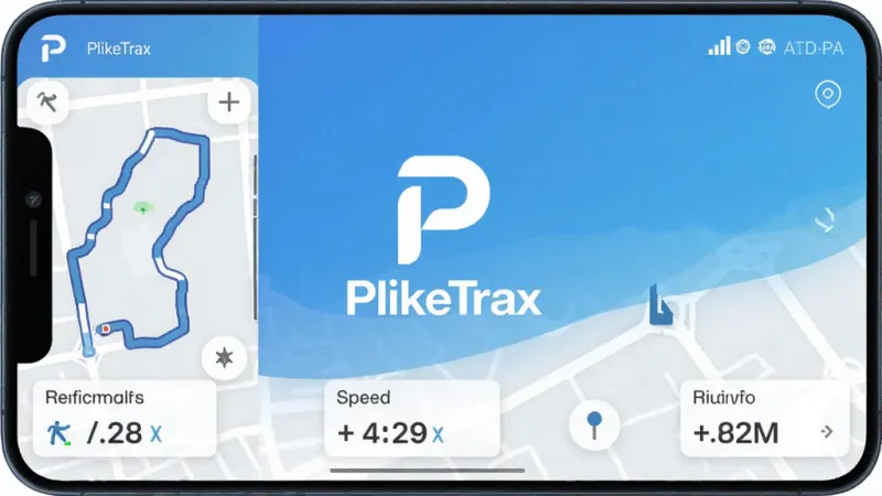 一张展示PlikeTrax应用主界面的手机屏幕截图，画面中央是PlikeTrax的Logo和名称，背景是简洁的蓝白渐变风格，界面中显示着实时轨迹记录路线图、速度数据和里程统计，整体布局清晰，文字标签明确，风格现代扁平，画质干净无多余元素，画面中包含文字