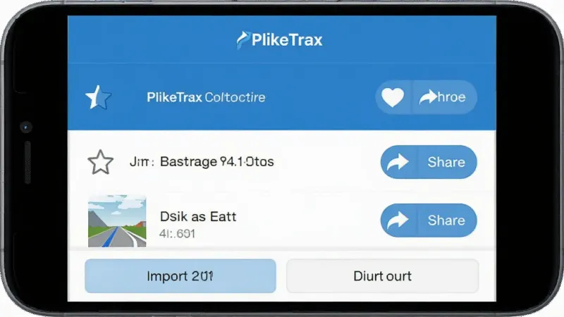 一张展示PlikeTrax路线收藏与分享功能的手机界面截图，画面中是一个路线列表，每条路线旁边有收藏星星图标和分享按钮，下方有导入和导出选项，界面风格清爽，配色以蓝白为主，画质干净无多余元素，画面中包含文字