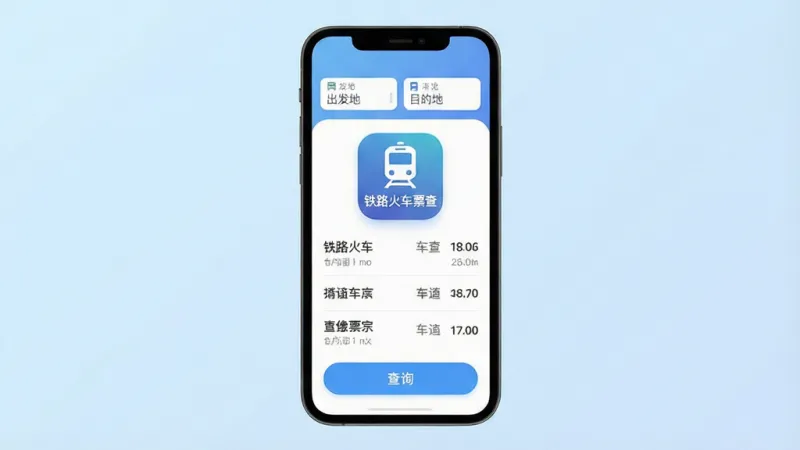 主体是一个简约的智能手机屏幕,屏幕中央显示着“铁路火车票查”的App图标和界面,界面布局清晰,顶部是出发地和目的地输入框,中间是车次列表,底部有查询按钮。排版采用居中构图,风格是扁平化科技风,细节上图标圆润,文字使用无衬线字体,画质干净清晰,无多余元素,背景是柔和的浅蓝色渐变。