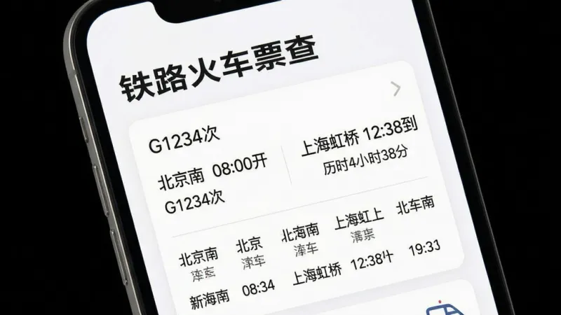 主体是一个手机屏幕特写,屏幕上方显示“铁路火车票查”的标题,下方是一个详细的车次信息卡片,卡片上用清晰的中文标注了“G1234次”、“北京南 08:00开”、“上海虹桥 12:38到”、“历时4小时38分”等信息,卡片下方还有经停站列表。排版整齐,风格是清爽的卡片式设计,细节上文字清晰可辨,画质干净无多余元素,背景是纯白色。