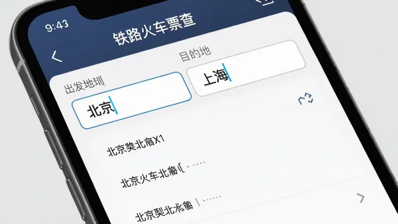 主体是一个手机屏幕,屏幕上显示“铁路火车票查”的查询界面,出发地输入框写着“北京”,目的地输入框写着“上海”,下方弹出了北京的几个火车站选项列表。排版清晰,风格是简洁的列表式设计,细节上输入框有光标闪烁,画质干净无多余元素,背景是浅灰色。