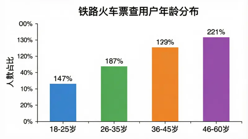 主体是一个柱状图,标题为“铁路火车票查用户年龄分布”,横轴是年龄段“18-25岁”、“26-35岁”、“36-45岁”、“46-60岁”,纵轴是人数占比。柱子颜色分别是蓝色、绿色、橙色、紫色,柱子上方标注了具体的百分比数值。排版居中,风格是简洁的数据可视化图表,细节上坐标轴标签清晰,画质干净无多余元素,背景是白色。