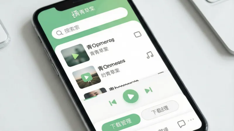 一张展示青青草棠软件主界面的图片,主体是手机屏幕上的应用界面,布局为顶部搜索栏、中间是音频列表和播放控制按钮、底部是下载管理选项卡,排版简洁清晰,风格为现代扁平化设计,细节上采用柔和的绿色和白色为主色调,图标圆润,画质干净无多余元素,文字标注清晰,画面中带有“青青草棠”字样。