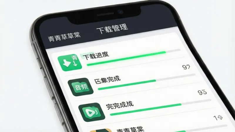 一张展示青青草棠音频下载功能的图片,主体是手机屏幕显示下载进度条和已完成的音频文件列表,布局为顶部标题栏写着“下载管理”、中间是多个正在下载和已完成的条目,排版整齐,风格为简约科技风,细节上进度条为绿色高亮,文件图标清晰,画质干净无多余元素,画面中带有“青青草棠”字样。