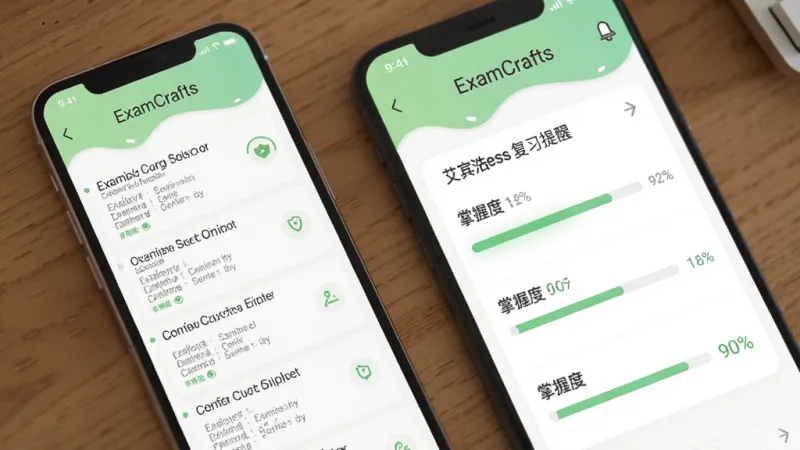 ExamCrafts智能错题本功能展示界面，手机屏幕显示错题列表和艾宾浩斯复习提醒，界面以浅绿色和白色为主，有进度条和掌握度百分比，风格简洁实用，画质干净清晰