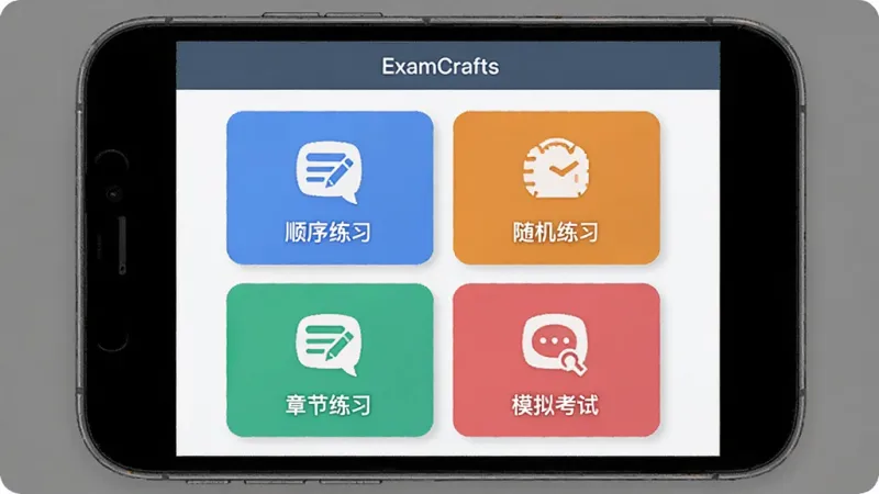 ExamCrafts多模式刷题界面，手机屏幕展示四种刷题模式卡片，分别是顺序练习、随机练习、章节练习、模拟考试，每个卡片有对应图标和颜色区分，背景干净，排版整齐，画质清晰无多余装饰