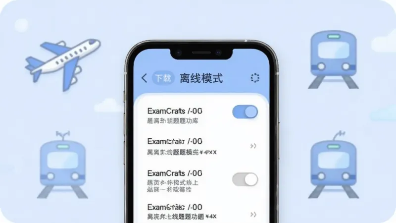 ExamCrafts离线刷题功能展示，手机屏幕显示已下载题库列表和离线模式开关，背景有飞机和地铁的简约图标元素，主色调为淡蓝色，风格轻松，画质干净清晰