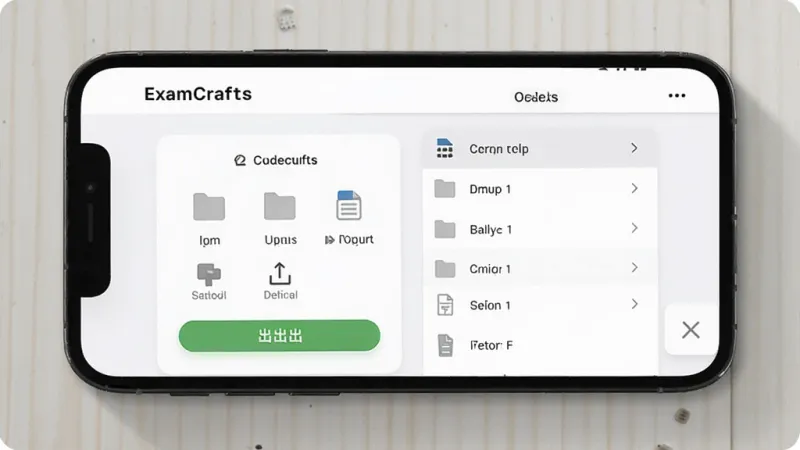 ExamCrafts题库导入导出界面，手机屏幕显示文件选择器和题库分类列表，有导入和导出按钮，界面以白色和浅灰色为主，图标简洁，画质清晰干净