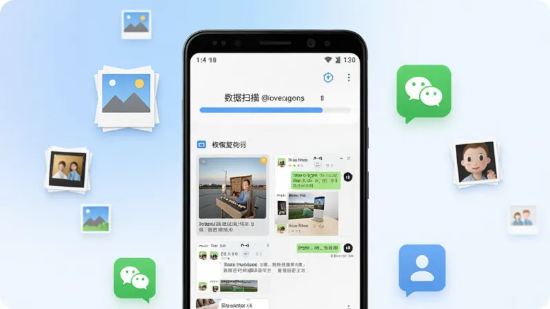 一张展示手机信息恢复软件核心功能的宣传图，画面中央是一部安卓手机，手机屏幕上显示着数据扫描进度条和已恢复的照片、聊天记录缩略图，手机周围环绕着被找回的照片图标、微信气泡图标和联系人图标，背景是柔和的蓝白渐变色调，整体风格清爽现代，画质干净，无多余元素。