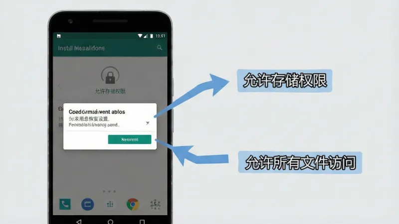一张展示手机信息恢复软件安装和权限设置步骤的示意图，画面中一部安卓手机显示着安装界面和权限请求弹窗，旁边有箭头指示“允许存储权限”和“允许所有文件访问”的操作步骤，界面风格简洁明了，文字标签清晰，背景是浅灰色，整体画质干净，无多余元素.